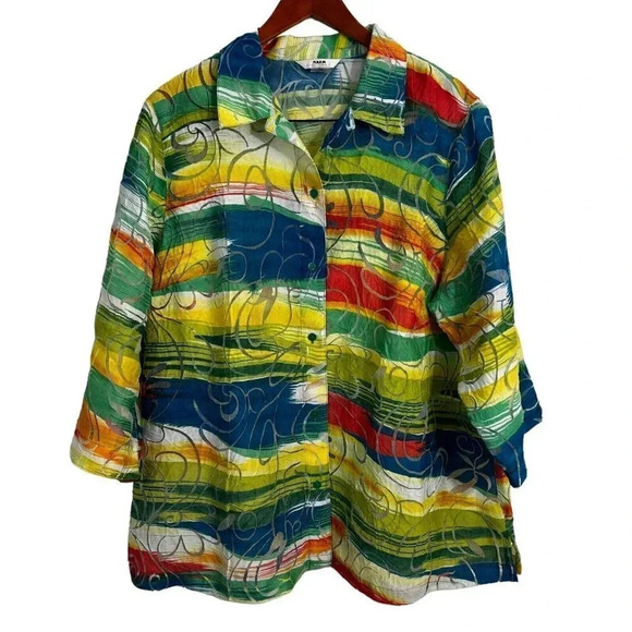 Alia Colorful Tropical Sheer Button Up Shirt 20W Womens Burnout Blouse Bright - Picture 1 of 10
